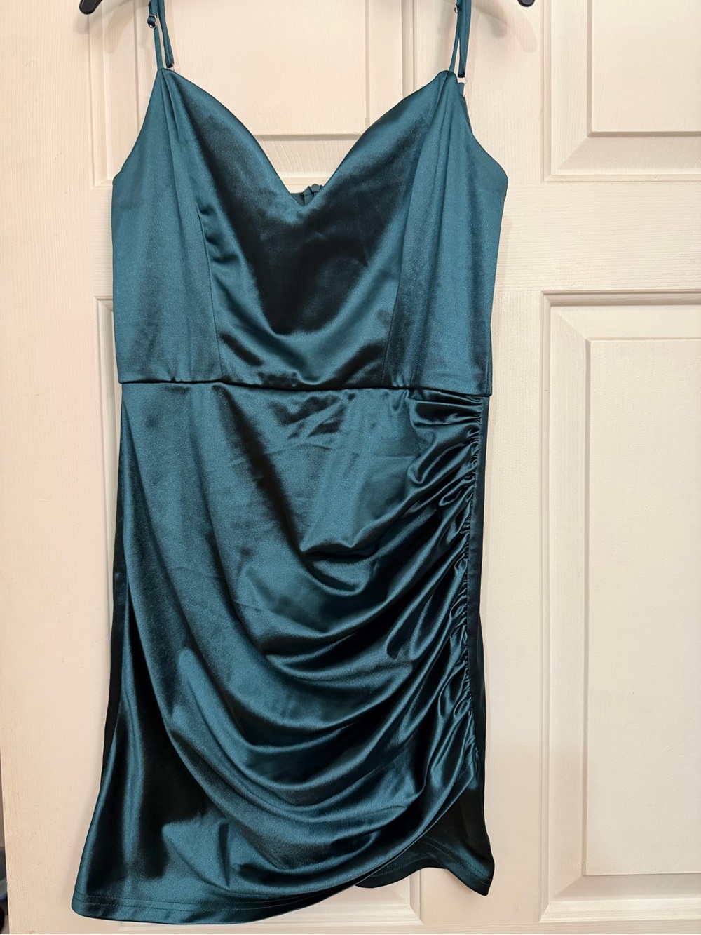 Satin Slip Dress with Ruched Side - Green